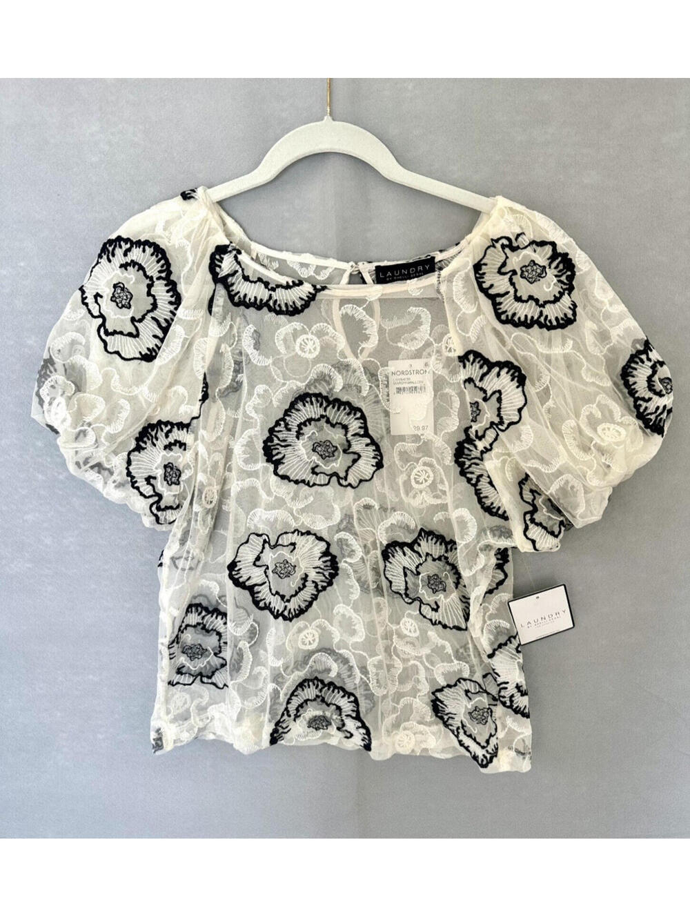 Women's Size L Laundry by Shelli Segal White Sheer Floral Blouse NWT